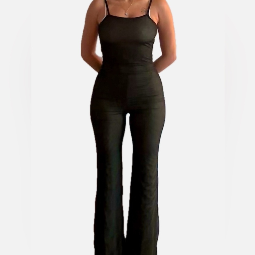 Vintage Sheer Green and Black Jumpsuit with Contrasting Trippy Swirl Lining M/L